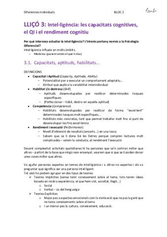 DDII - LLIÇÓ 3. Intel·ligència- les capacitats cognitives- el QI i el rendiment cognitiu (Psicologia UB 1r).pdf