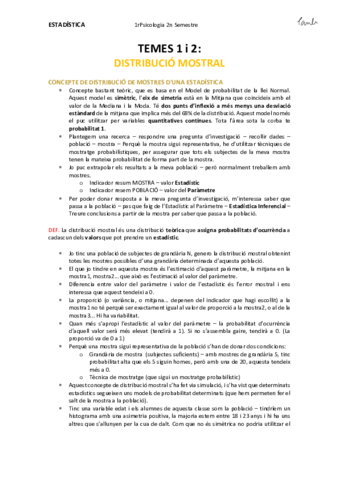 Estadística - TEMES 1 i 2 DISTRIBUCIÓ MOSTRAL (Psicologia UB 1r).pdf