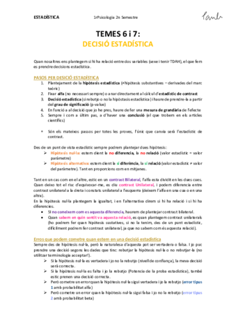 Estadística - TEMES 6 i 7 DECISIÓ ESTADÍSTICA (Psicologia UB 1r).pdf