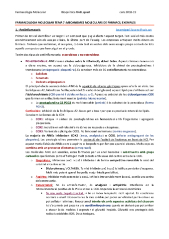 FARMACOLOGIA MOLECULAR TEMA 7 - MECANISMES MOLECULARS DE FÀRMACS- EXEMPLES.pdf