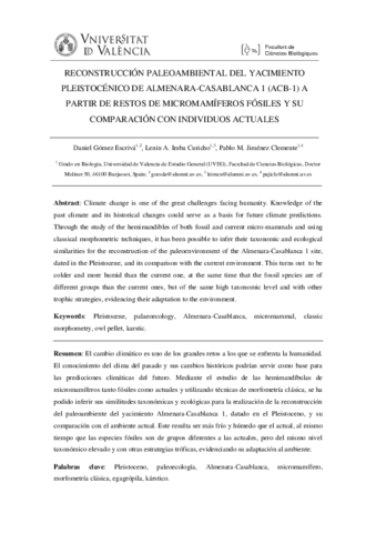 Daniel Gómez- Lenin Imba y Pablo Jiménez. Reconstrucción paleoambiental del yacimiento pleistocénico de Almenara-Casablanca 1 a partir de restos de micromamíferos fósiles y su comparación con individuos actuales..pdf