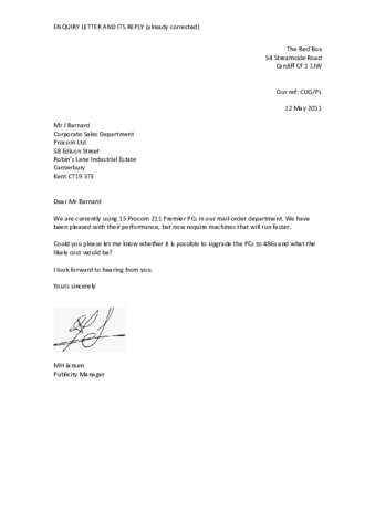 Enquiry letter and reply
