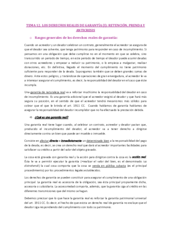 TEMA 12. LOS DERECHOS REALES DE GARANTÍA I. RETENCIÓN PRENDA Y ANTICRESIS.pdf