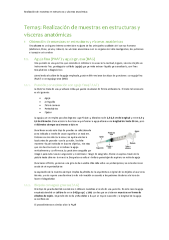 Realización de muestras en estructuras y vísceras anatómicas