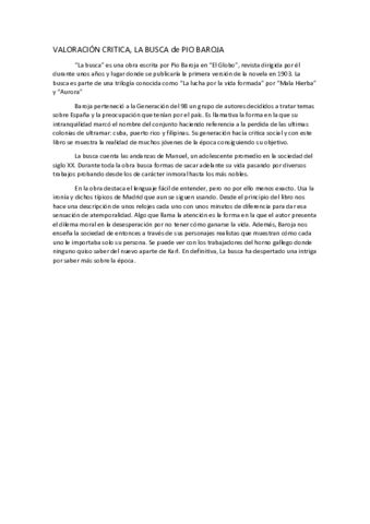 VALORACIÓN CRITICA, LA BUSCA PIO BAROJA