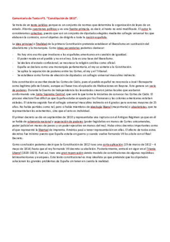 Comentario de texto. Constitución 1812