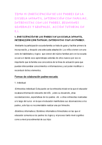 T.15. TEMA 15: Participación de los padres en la escuela infantil. Interacción con familias. Entrevistas con los padres. Reuniones generales y grupales.  Acción tutorial en e.i..pdf