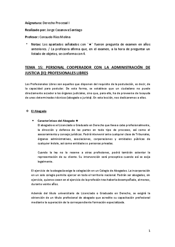Miniatura del documento Tema 15 (Personal Cooperador con la Administración de Justicia (II). Profesionales Libres) - Derecho Procesal I.pdf