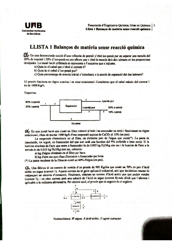 Miniatura del documento LLISTA 1. Balanços de matèria sense reacció química.pdf