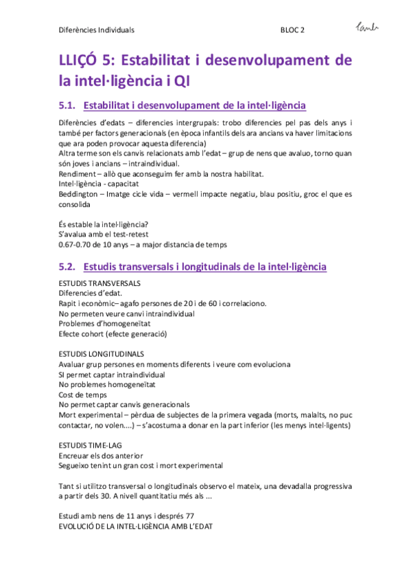 Miniatura del documento DDII - LLIÇÓ 5. Estabilitat i desenvolupament de la intel·ligència i QI (Psicologia UB 1r).pdf