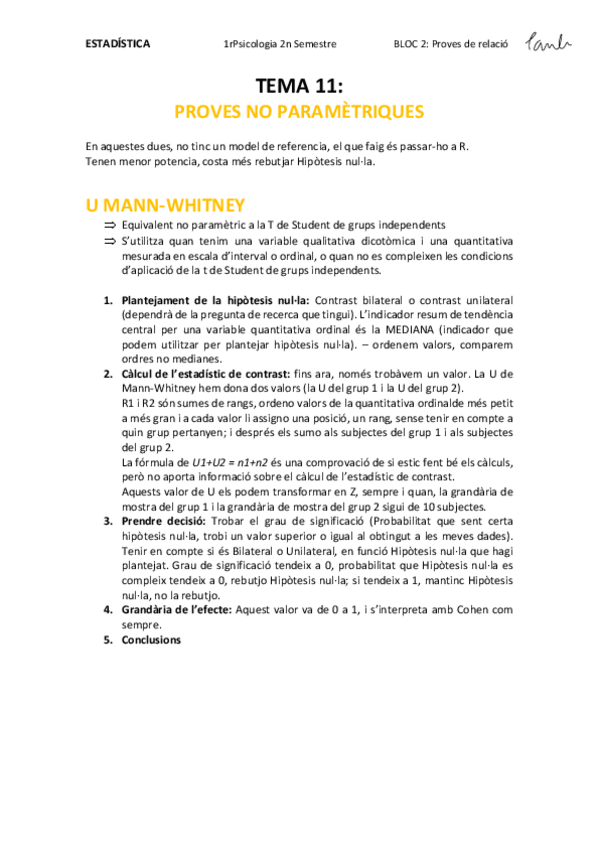 Miniatura del documento Estadística - TEMA 11 Proves NO paramètriques (Psicologia UB 1r).pdf