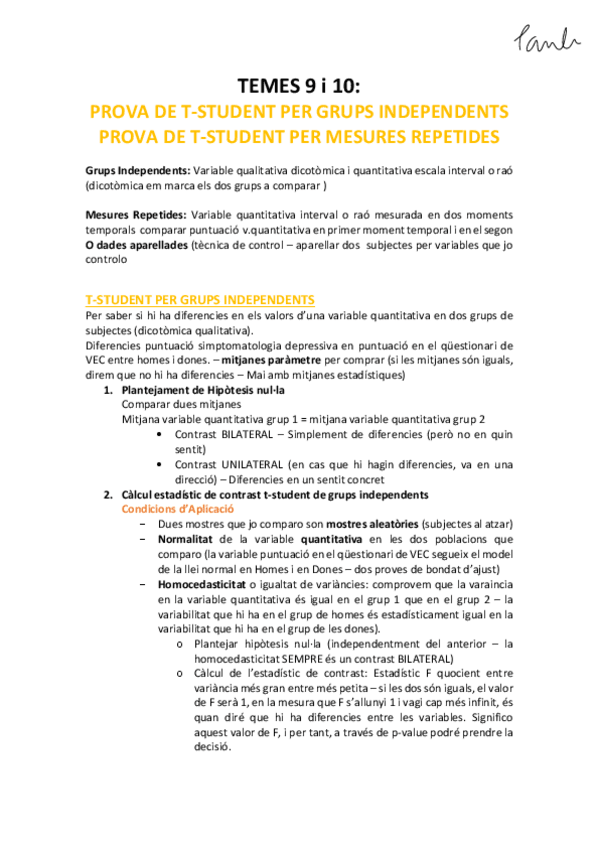 Miniatura del documento Estadística - TEMES 9 i 10 PROVA DE T-STUDENT PER GRUPS INDEPENDENTS i PER MESURES REPETIDES (Psicologia UB 1r).pdf