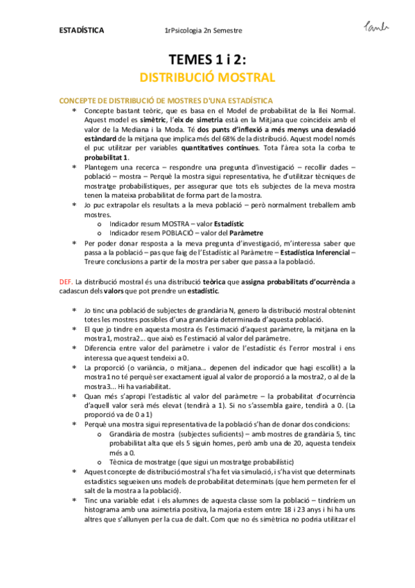 Miniatura del documento Estadística - TEMES 1 i 2 DISTRIBUCIÓ MOSTRAL (Psicologia UB 1r).pdf