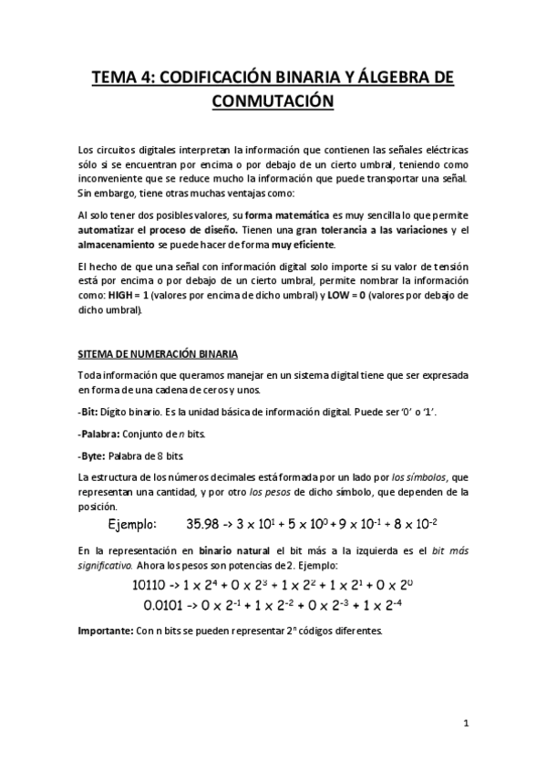 Miniatura del documento RESUMEN TEMA 4- CODIF. BINARIA Y ALGEBRA DE CONMUTACIÓN 2018-2019.pdf