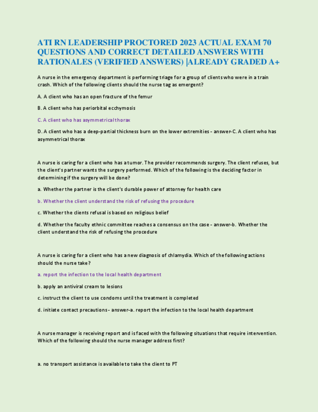 Miniatura del documento ATI-RN-LEADERSHIP-PROCTORED-2023-ACTUAL-EXAM-70-QUESTIONS-AND-CORRECT-DETAILED-ANSWERS-WITH-RATIONALES333.pdf