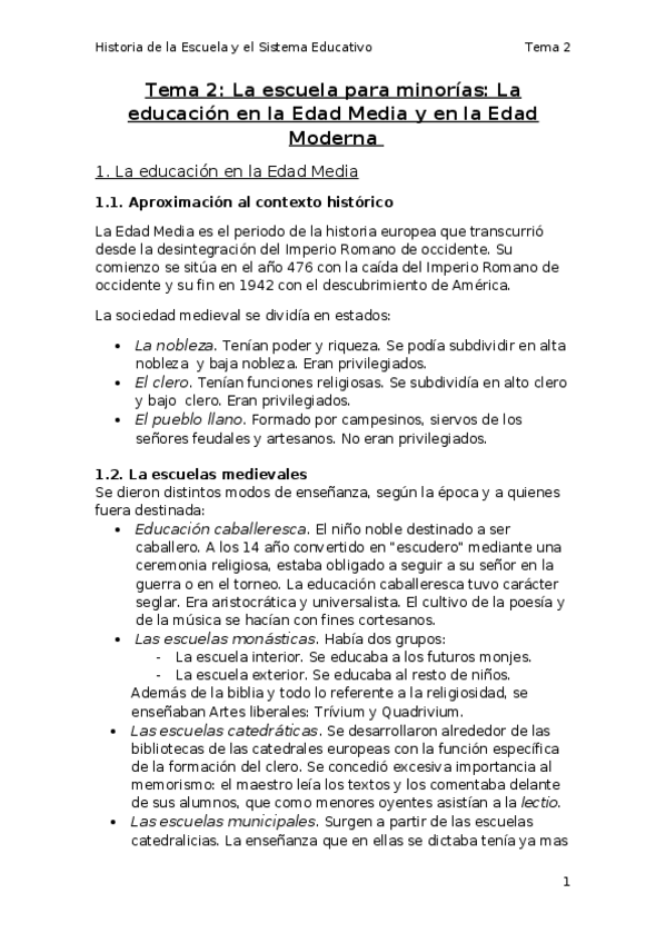 Miniatura del documento Tema 2 La escuela para minorías. La eduación en la Edad Media y en la Edad Moderna.docx