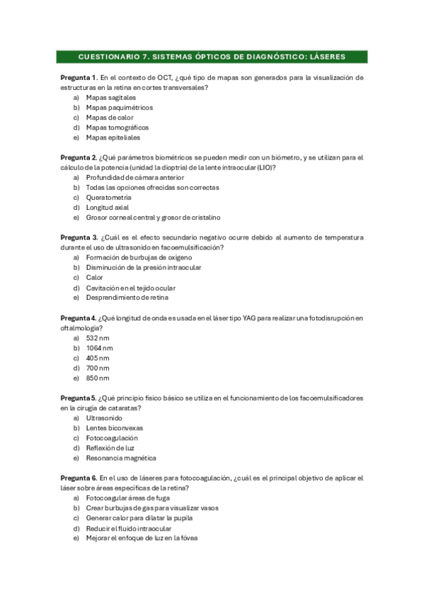 Miniatura del documento Cuestionario 7 - Sistemas ópticos de diagnóstico. Láseres.pdf