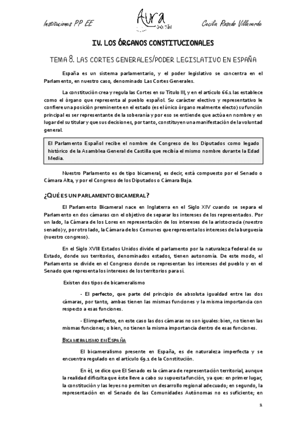 Miniatura del documento TEMA 8 LAS CORTES GENERALES O PODER LEGISLATIVO EN ESPAÑA.pdf