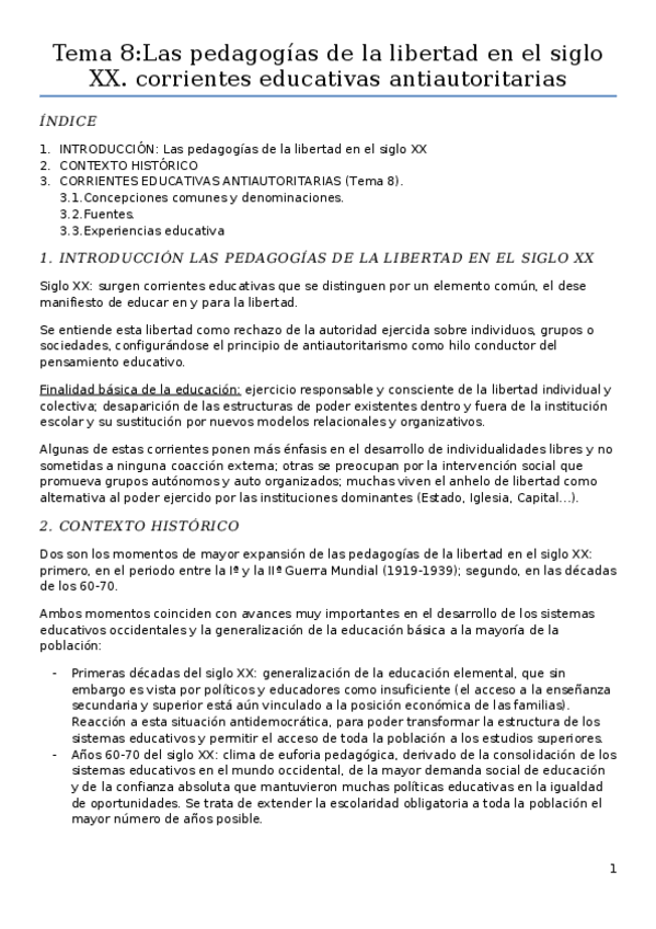 Miniatura del documento Tema 8. Las pedagogías de la libertad en el siglo XX. corrientes educativas antiautoritarias.docx
