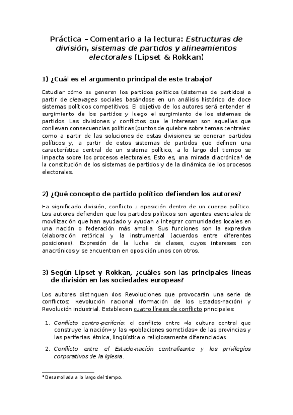 Miniatura del documento Práctica - Estructuras de división- sistemas de partidos y alineamientos electorales (Lipset y Rokkan).docx