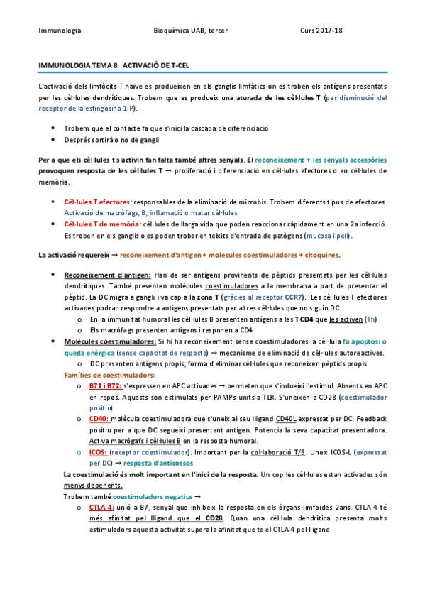 Miniatura del documento IMMUNOLOGIA TEMA 8 - ACTIVACIÓ DE LES CÈL·LULES T.pdf