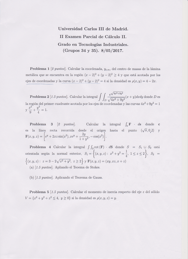 Miniatura del documento 2º Parcial Cálculo II GITI 2017 (Resolución).pdf