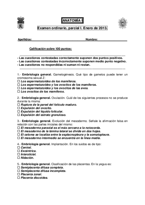 Miniatura del documento Examen 1º parcial Anatomía (respuestas) Ene 2013.pdf