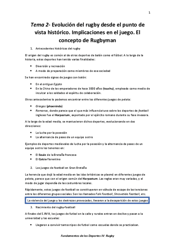 Miniatura del documento Tema 2- Evolución del rugby desde el punto de vista histórico. Implicaciones en el juego.pdf