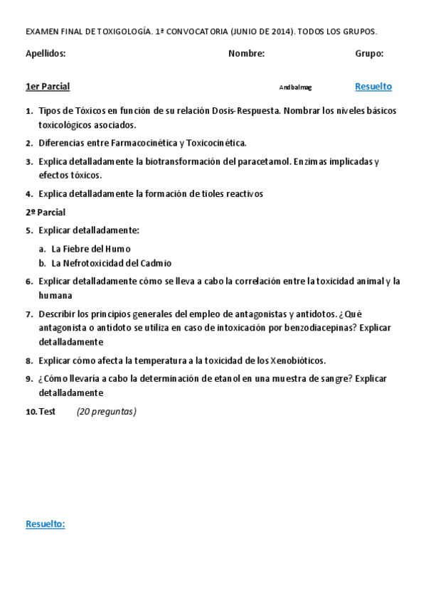 Miniatura del documento Examen Toxicología - Junio 2014 Resuelto.pdf