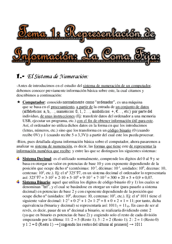 Miniatura del documento Tema 1. Representación de Información. La Coma Fija.pdf